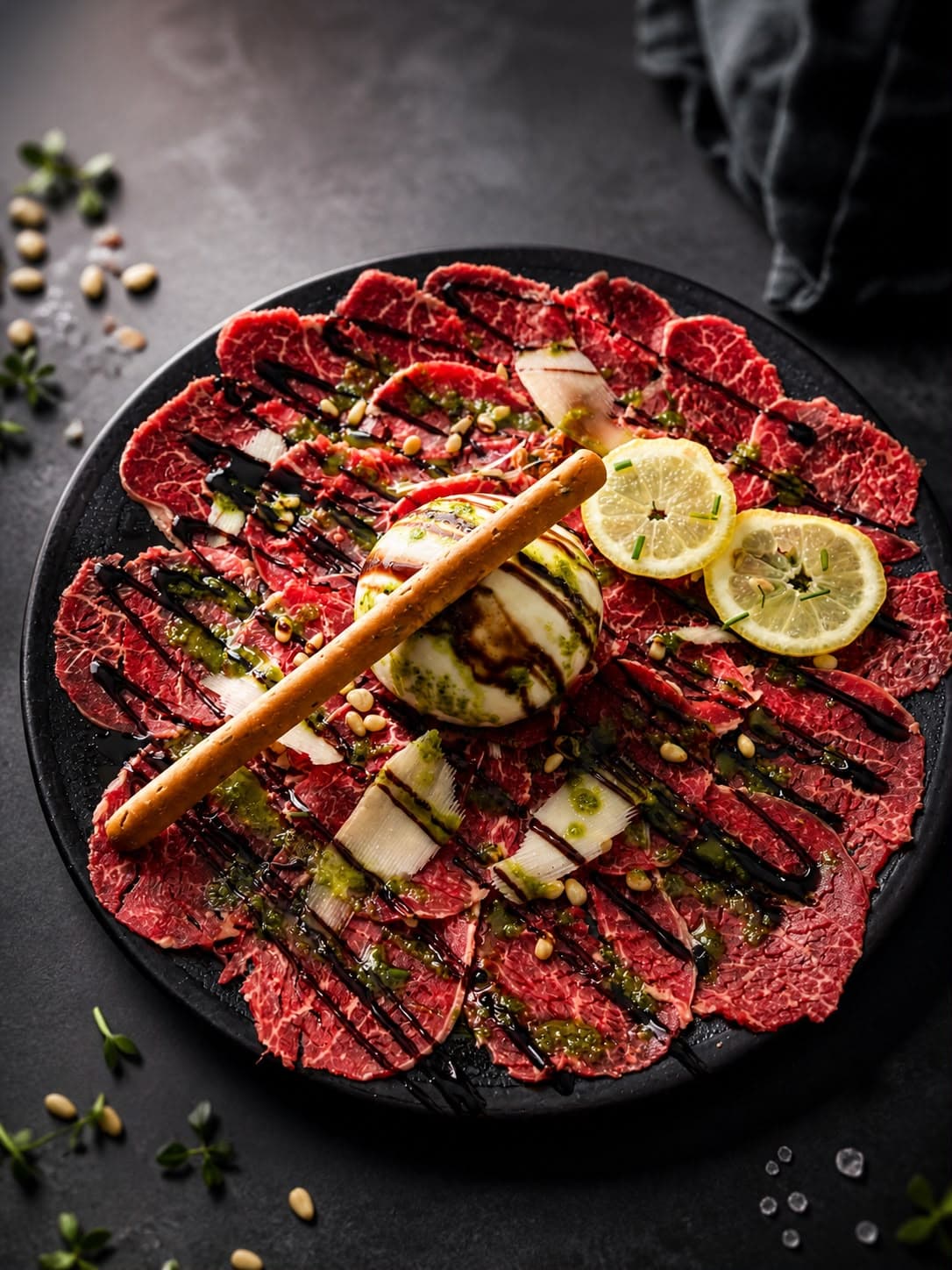 Carpaccio de bœuf, burrata et pignons — restaurant halal à Villeurbanne